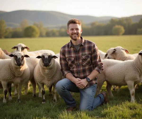 Our farmer with heritage breed sheep on open pasture