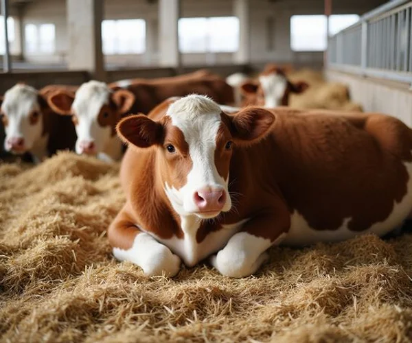 Healthy calves resting on straw bedding in our spacious group-housed pens