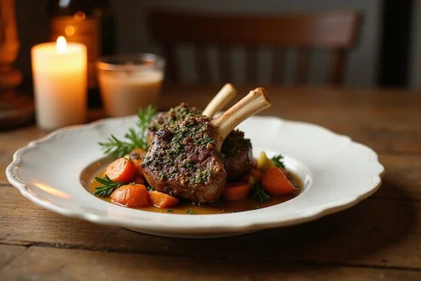 Herb-crusted roasted lamb rack plated for an elegant dinner