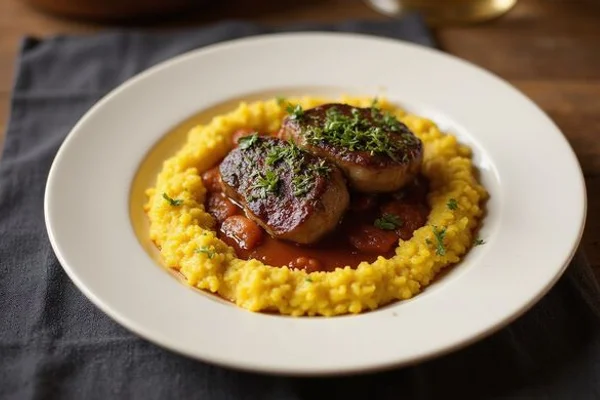 Plated veal osso buco with gremolata and risotto