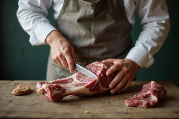 Master butcher preparing a frenched lamb rack