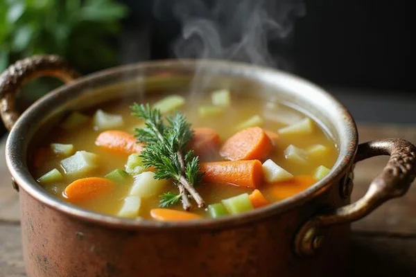 Rich veal stock simmering with aromatics