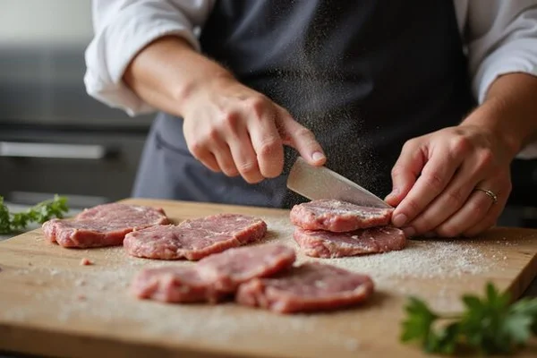 Chef preparing veal scallopini cutlets