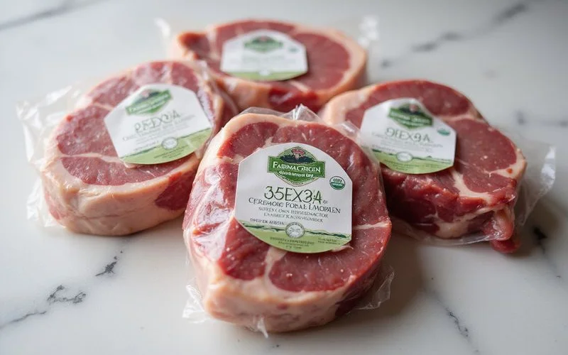 Close-up of vacuum-sealed lamb cuts with clear labels showing farm origin, certifications, and traceability information