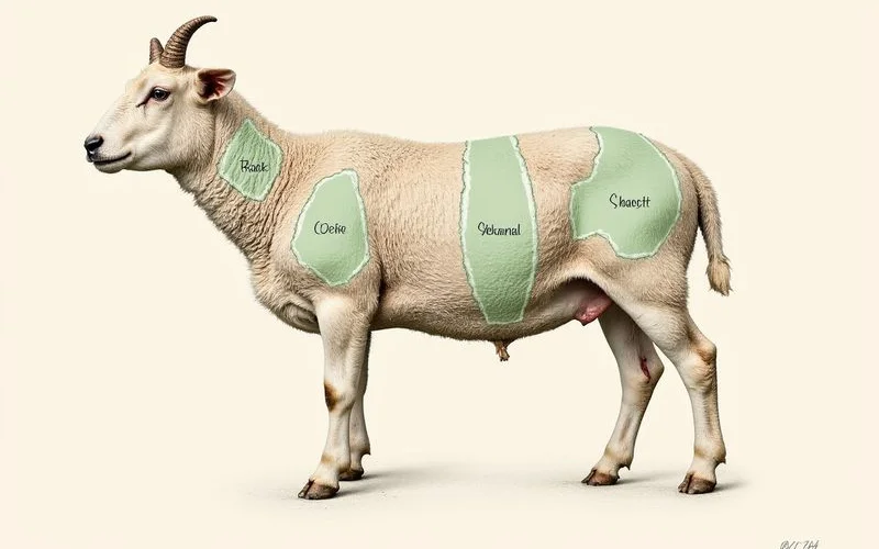 Illustrated lamb primal cut chart showing rack, loin, shoulder, leg, shank, and breast sections of the animal