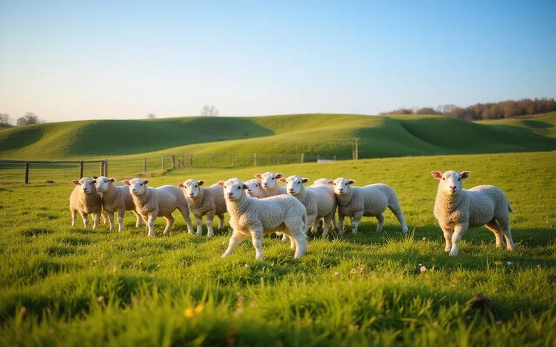 A flock of lambs grazing on lush green rolling pasture hills under a clear spring sky