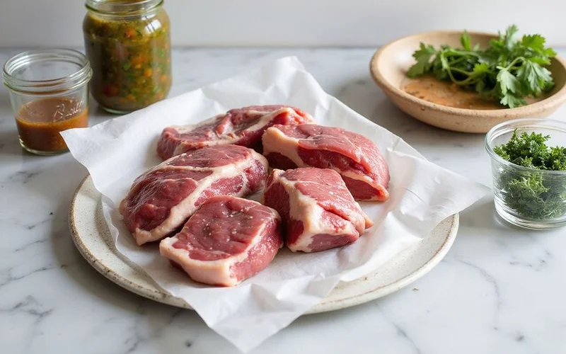 A kitchen counter set up as a meal prep station with portioned lamb and veal cuts alongside labeled containers and marinades