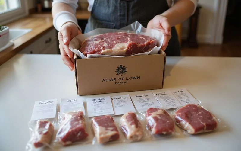 A person unboxing a curated lamb subscription box at their kitchen counter with recipe cards and individually labeled cuts