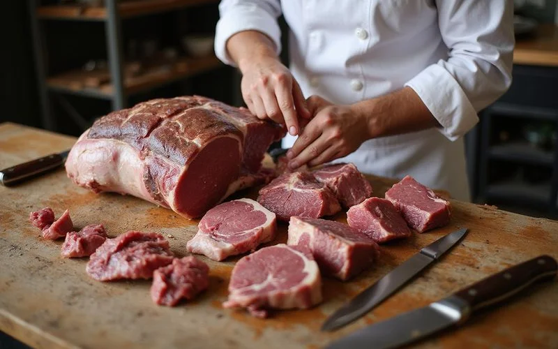 A professional butcher demonstrating a whole lamb breakdown on a wooden block with primal cuts and offal neatly separated