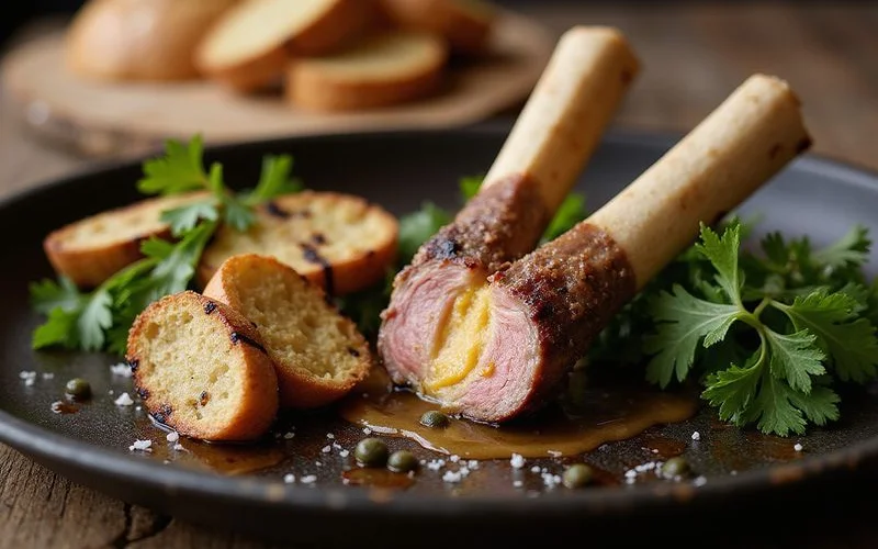 Roasted lamb marrow bones split lengthwise showing golden bubbly marrow on a baking tray with toast and parsley salad