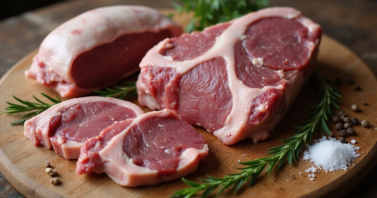 An array of premium grass-fed lamb cuts arranged on a rustic wooden butcher block with fresh herbs and seasoning