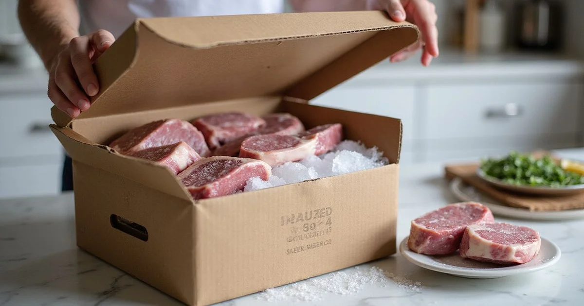 An insulated shipping box being opened to reveal vacuum-sealed grass-fed lamb cuts packed with dry ice for freshness
