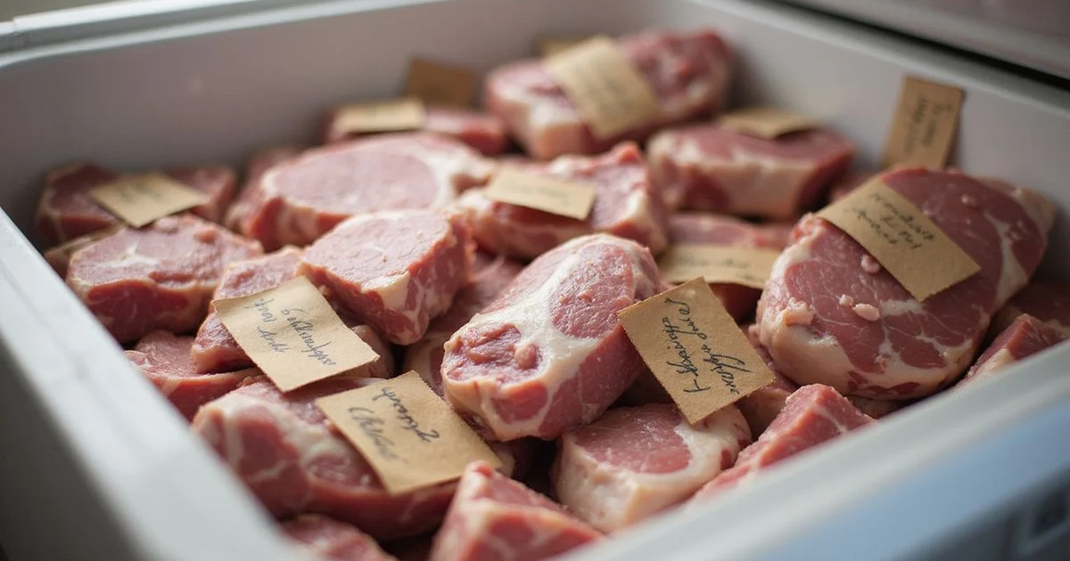 A well-organized home freezer filled with labeled vacuum-sealed lamb and veal cuts sorted by type with meal prep labels