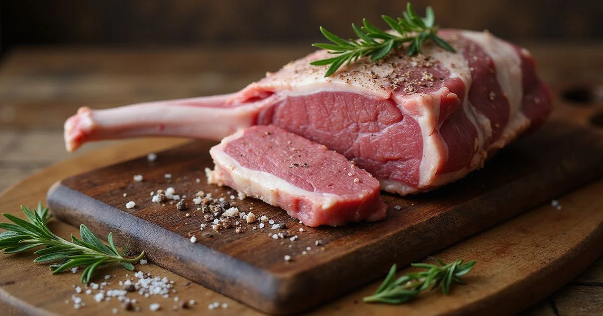 Premium grass-fed lamb rack with fresh rosemary on a rustic cutting board
