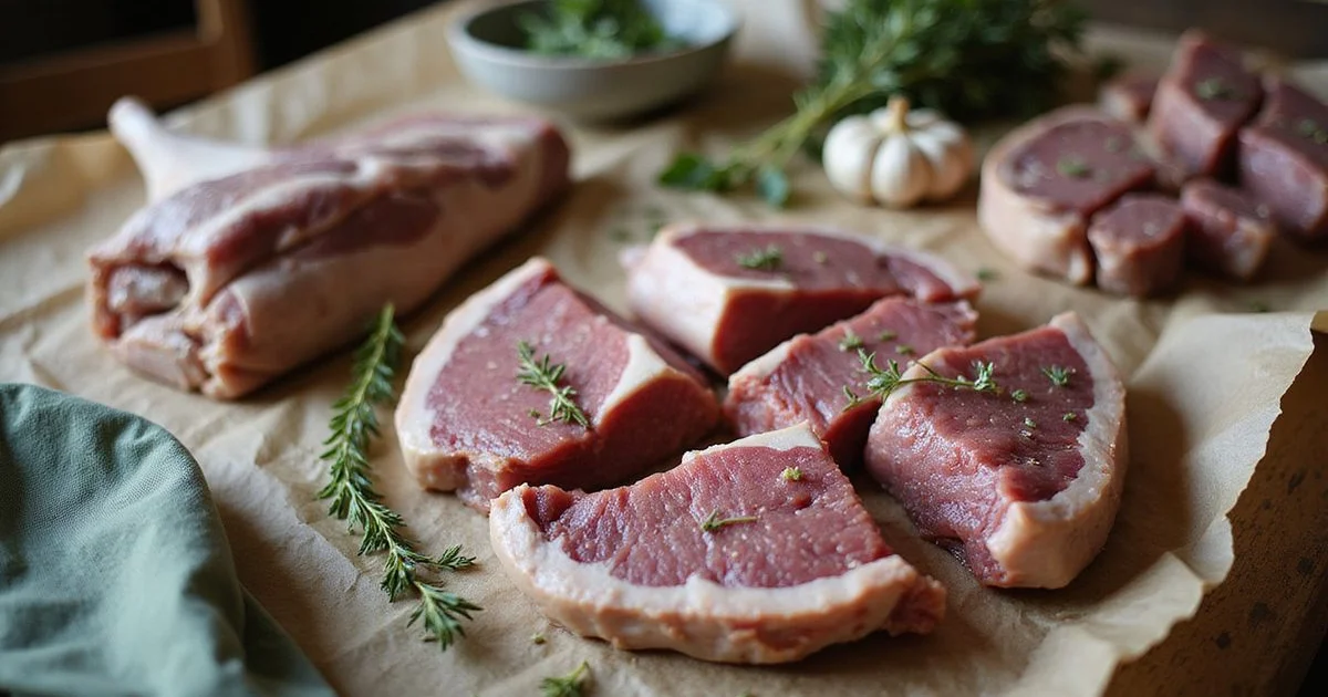 A rustic table displaying an assortment of nose-to-tail lamb cuts including marrow bones, liver, kidneys, and shanks with fresh herbs