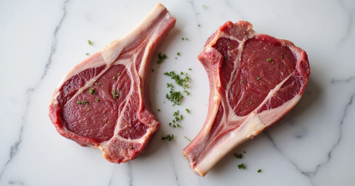 A side-by-side comparison of grass-fed and grain-fed lamb chops showing differences in color, marbling, and fat cap