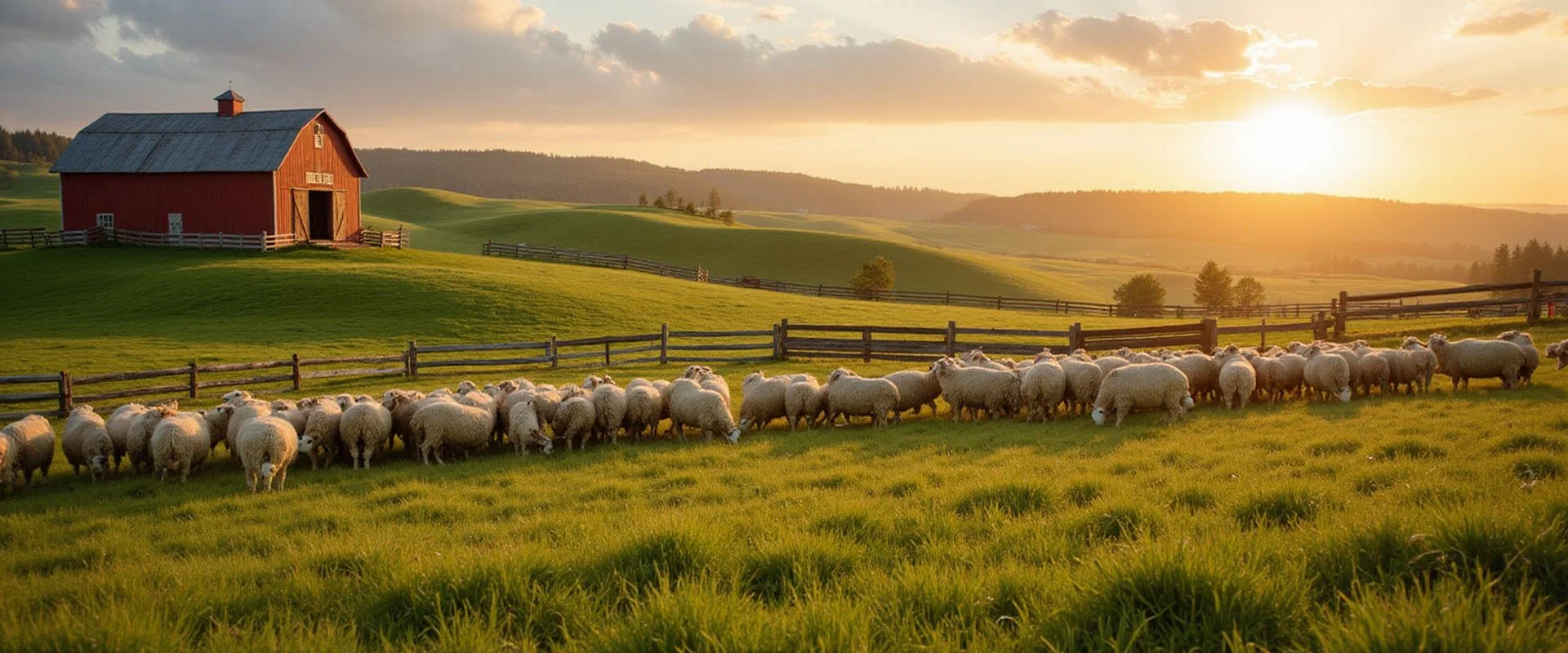 Panoramic view of our regenerative farm with heritage sheep grazing on open pasture