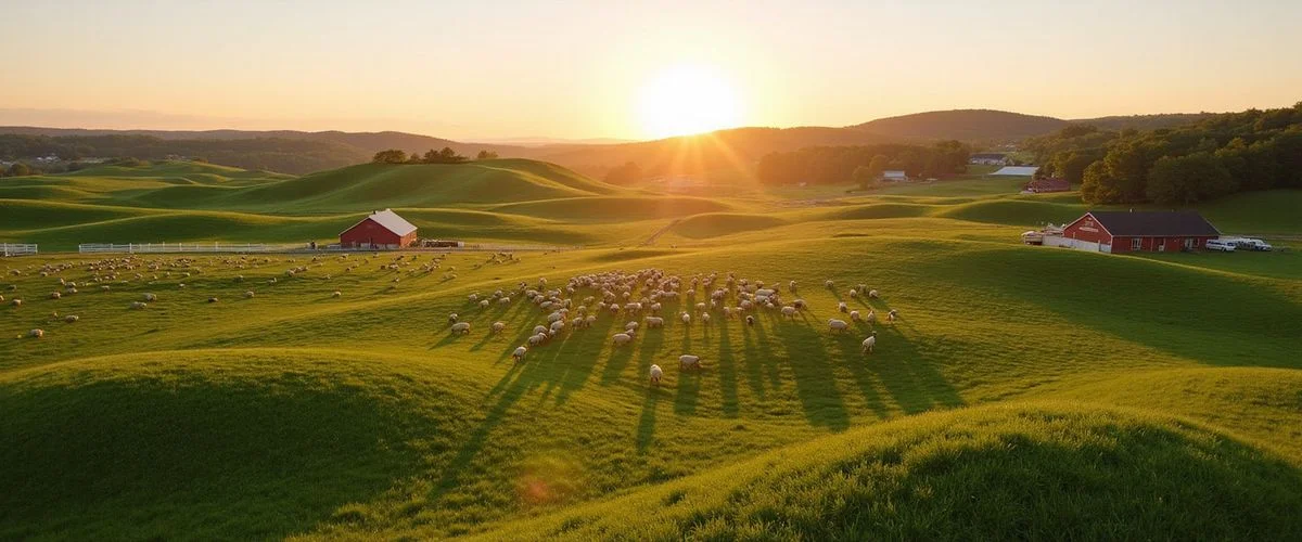 Aerial view of our regenerative farm with heritage sheep grazing on open pasture