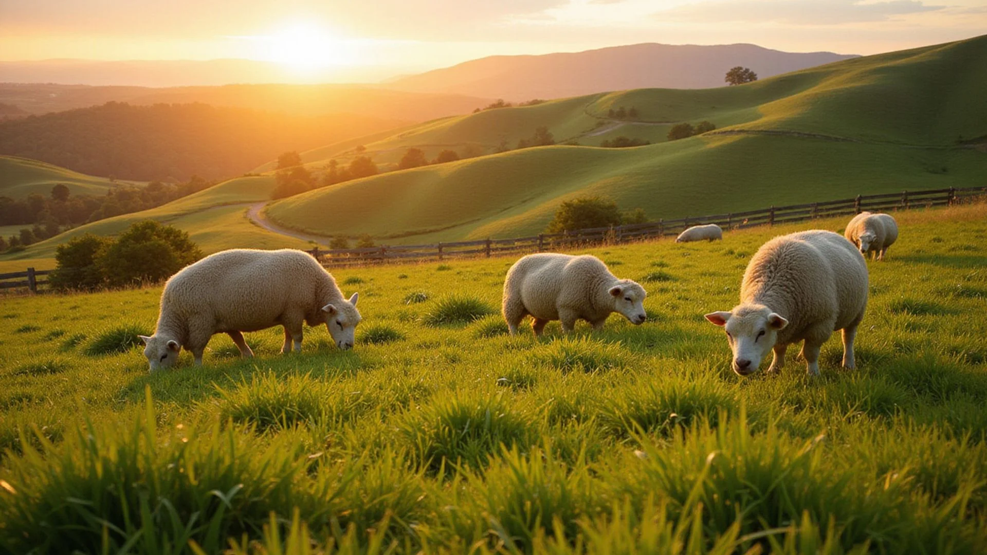 Heritage breed sheep grazing on our open pasture at golden hour