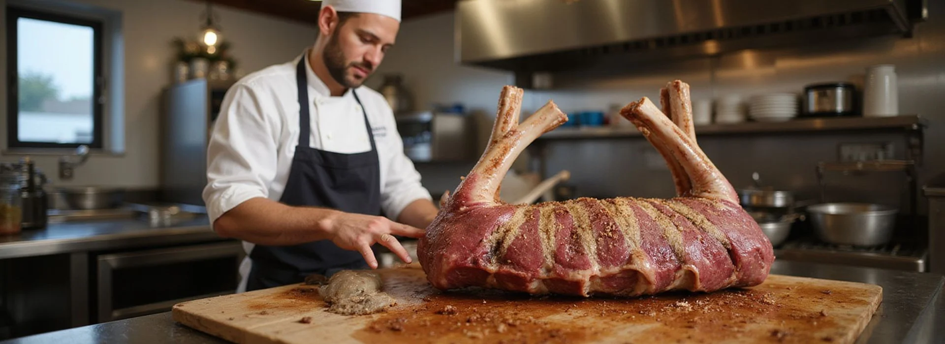 Professional chef inspecting premium lamb in a restaurant kitchen